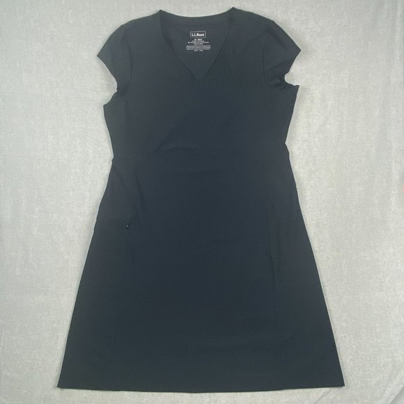 LL Bean Fitness Dress XL Black V Neck Short Sleeves Stretch Fitted Zipper Pocket - Picture 4 of 16